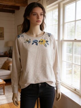 Joules Cream Crewneck Sweatshirt with Blue & Yellow Floral Embroidery